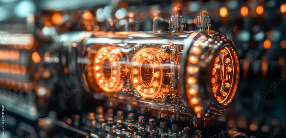 Aufkleber Complex quantum computing apparatus showcases glowing qubits in superposition.