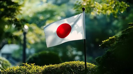 A Japanese flag featuring a red circle on a white background, surrounded by greenery. - Powered by Adobe