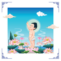 Cute little Buddha standing in lotus. Flat vector cartoon design