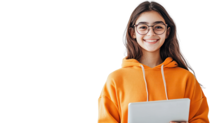 Young woman with glasses smiling and holding a tablet, wearing an orange hoodie, ready to engage in learning or technology.