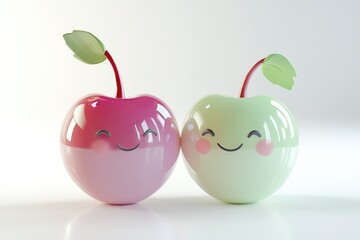 Two cute cartoon cherries with happy faces, side by side.