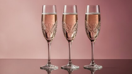 Elegant glassware featuring three sparkling rose drinks against a soft, colored backdrop in a warm, inviting setting