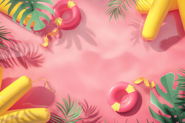 A top-down view of an animated pool, set against a pink background with yellow accents, creating a vibrant and playful atmosphere.