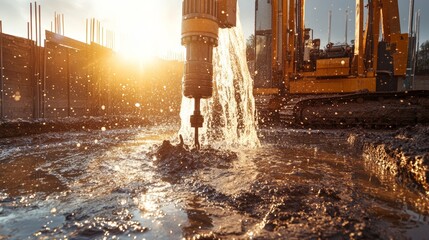 Heavy machinery drilling for artesian well water supply, showcasing water and soil displacement. Development background concept
