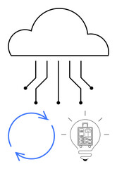 Cloud with data connections, circular arrows for process flow, and light bulb with gears symbolizing innovation. Ideal for technology, cloud services, data sharing, teamwork, creativity, innovation