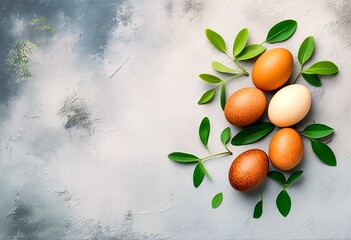 Eggs and Leaves on a Gray Background.
