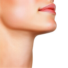 Fototapeta premium Close-up of a woman's lower face highlighting her smooth skin defined jawline and softly tinted lips against a white background.
