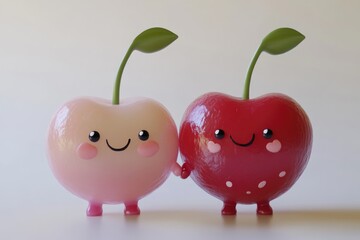 Two cute cartoon cherries holding hands, showcasing a sweet and adorable friendship.