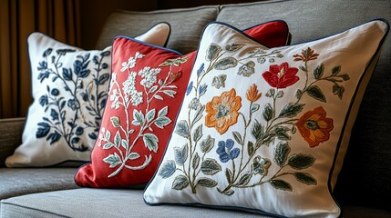 Decorative embroidered pillows on a sofa in a cozy living room home decor interior design warm environment
