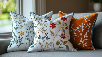 Embroidered floral pillows on sofa home interior decorative textile bright living room cozy atmosphere