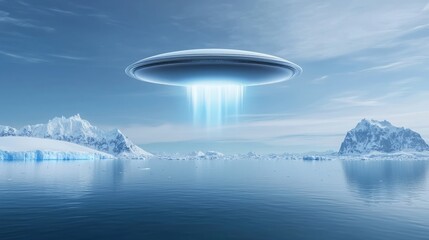 Iceberg antarctica impact. A futuristic flying saucer hovers over icy waters, emitting beams of light, with snowy landscapes in the background under a serene blue sky.