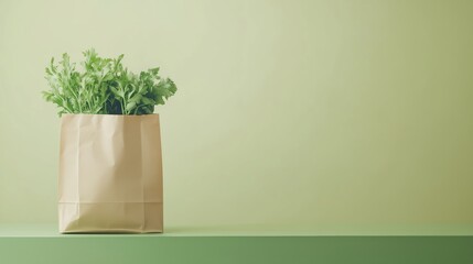 Fresh green herbs in a paper bag placed on a light green table against a soft background