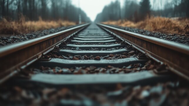 A low angle view of railway tracks stretching into a foggy distance, showcasing the symmetry and peacefulness of the landscape during a quiet moment in nature.