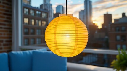 Illuminated Amber Paper Lantern Hanging on City Balcony at Sunset