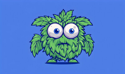 Fototapeta premium Cute Green Creature with Big Eyes Surrounded by Leafy Foliage