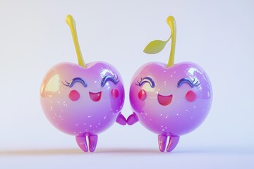 Two cute purple cartoon cherries holding hands and smiling happily.