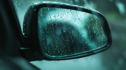 A close-up view of a wet car side mirror, droplets lacing the reflective surface which creates a serene and introspective ambiance, highlighting a rainy day mood.