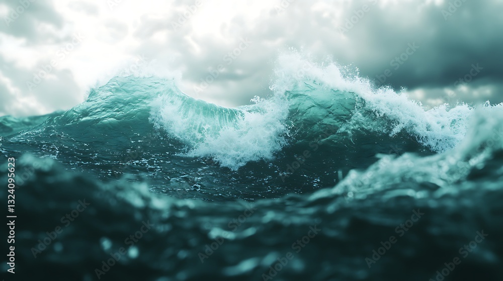 Poster a dynamic ocean wave crashes under a cloudy sky, creating an energetic and powerful seascape.