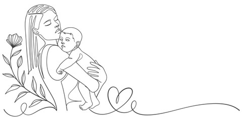 Mother and baby line art style vector illustration, mothers day celebration background