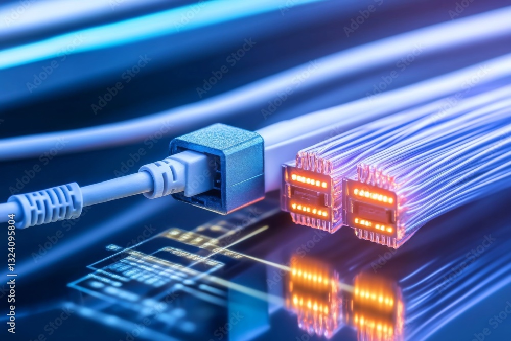 Poster high-speed data cables with glowing connectors on a digital background