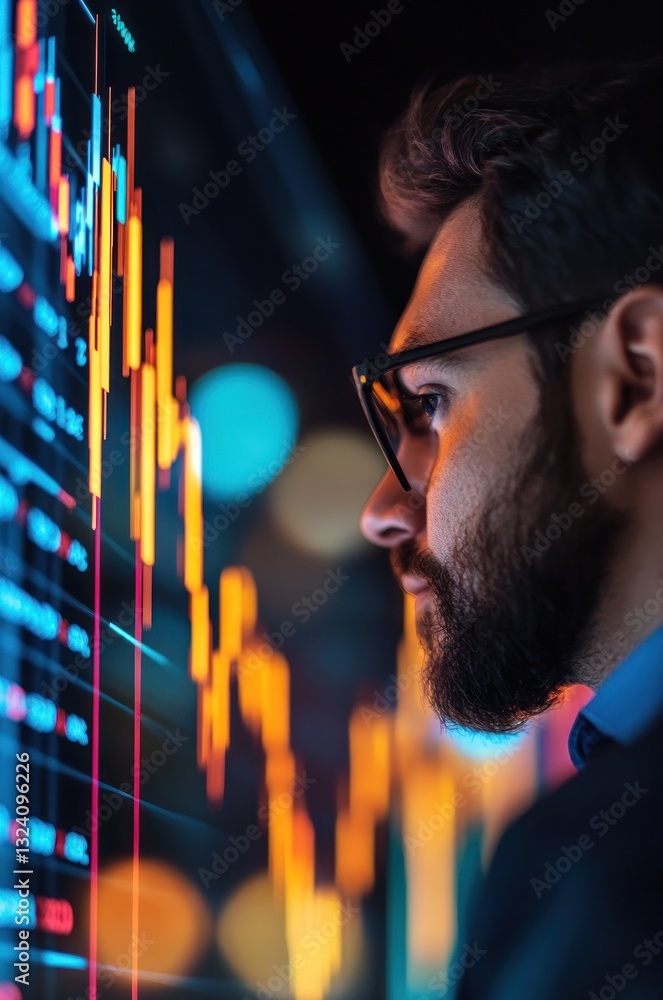 Poster focused professional analyzing financial data on a digital screen, with vibrant graphs and abstract 