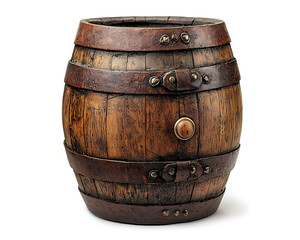 Fototapeta premium Wooden barrel-shaped container with metal bands rivets and a knob presented on a stark white background.