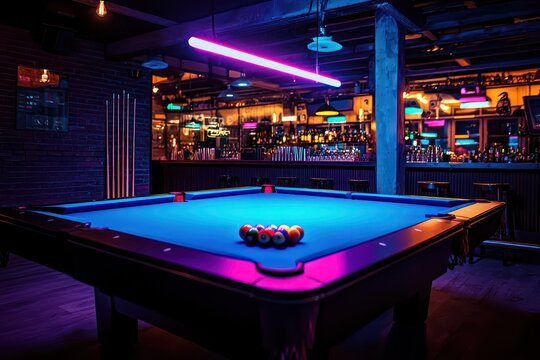 Contemporary bar features a pool table softly lit by neon.