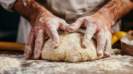 Crafting Culinary Magic: Hands Kneading Dough with Flour on a Wooden Table �?? A Symphony of Baking Preparation, Fresh Ingredients, and Homemade Goodness