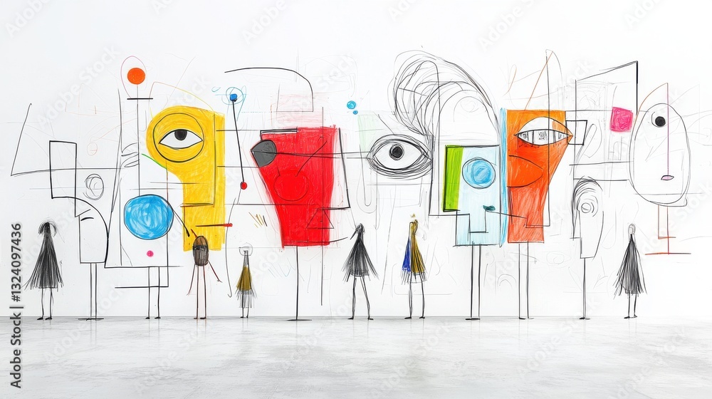 Poster captivating surreal showcasing a vibrant array of geometric forms abstract figures and whimsical cha