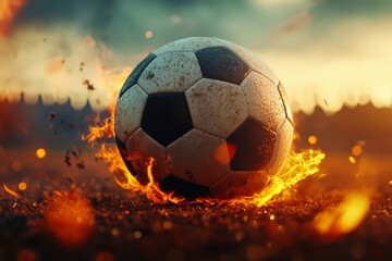 Naklejka premium Dynamic Soccer Ball Surrounded by Flames with Dramatic Sky in Background