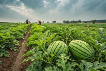 Watermelons growing on a field. Watermelon plantation. Gardeners pick watermelons