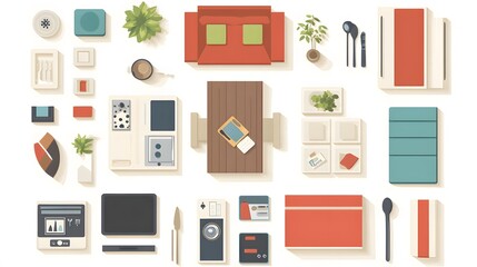 Professional Top View Interior Flat Icons Illustration for Design Projects