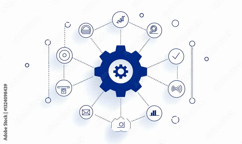 Poster gear icon with connecting symbols representing process and technology