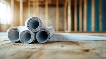 Several rolled architectural plans closely placed on a wooden surface, providing a glimpse of the exciting process of construction and innovative design in progress.