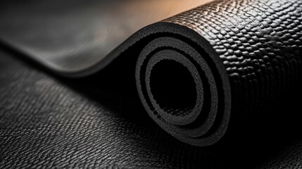 A close-up view of a rolled-up textured black yoga mat against a dark surface, showcasing its unique pattern and smooth finish, perfect for fitness enthusiasts.