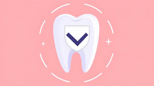 Cartoon Tooth with Shield and Check Mark on Pink Background