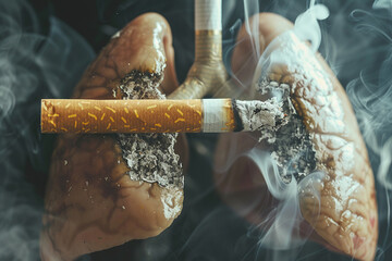 Cigarette with smoke on lungs model representing smoking danger and lung cancer health warning concept, concept: smoking, health, lungs