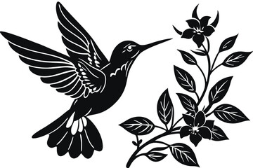 Obraz premium Hummingbird and flower. Hand drawn black silhouettes isolated on white background