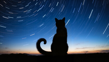 Curled tail cat silhouette against starry sky, cosmic serenity