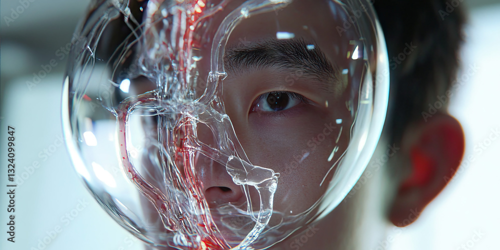 Poster human face partially obscured by translucent sphere with internal network