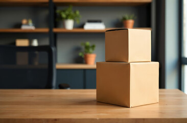 Cardboard boxes on a wooden desk in a modern office with a black chair. Relocation or workplace organization.