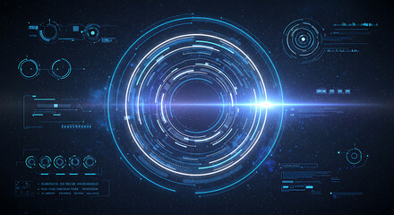 Digital Technology Circle Background with Light Rays. Abstract futuristic digital technology background featuring glowing circular rings and light rays