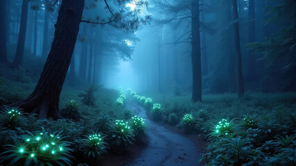 Fototapeta premium Mystical Blue Forest Path with Glowing Flora
