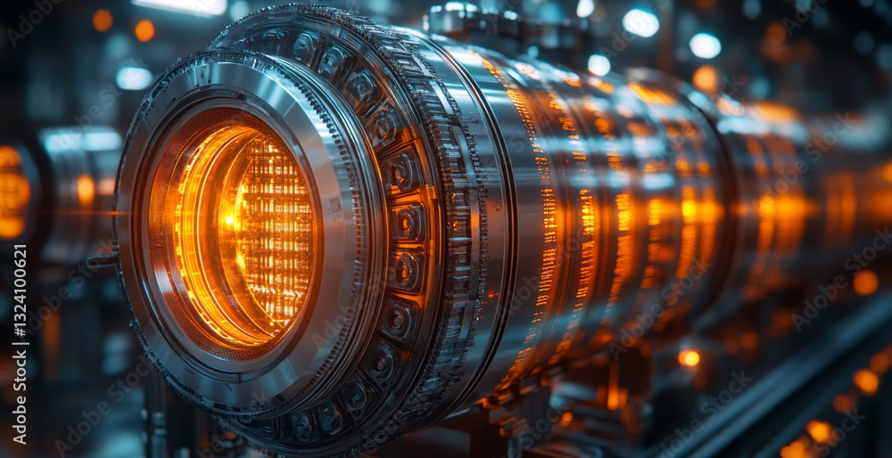 Fototapete A detailed view of a quantum processing unit showcasing intricate designs and vibrant orange illumination. This advanced technology integrates qubits for optimized performance in computing tasks.