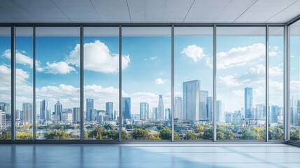 Modern office with panoramic city view.