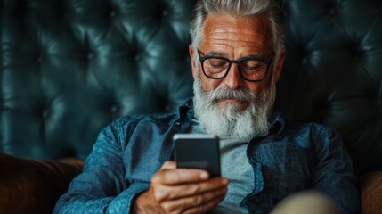 This image displays a thoughtful elderly man, with glasses, reading on his smartphone while seated on a stylish couch, reflecting a blend of modern technology and comfort.