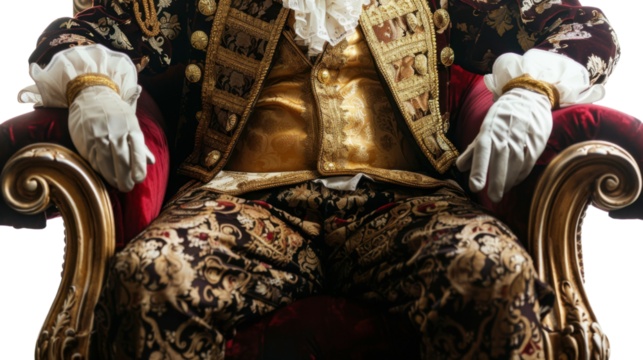 King sitting on luxurious throne wearing ornate clothes and white gloves on transparent background
