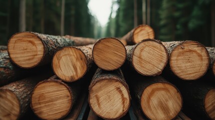 A neatly arranged stack of cut logs in a serene forest, showcasing natural beauty and emphasizing the harmony between nature and human intervention in forestry.