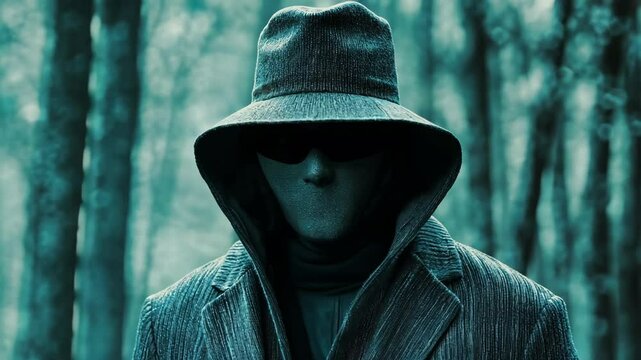 Mysterious Hooded Figure in a Dark Forest with a Hidden Face and Shadowy Presence