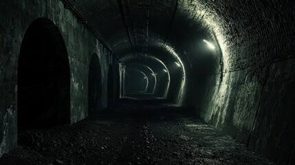 Obraz premium A dark underground coal mine with reinforced tunnels and flickering safety lights